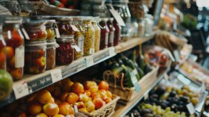 A cozy organic market shelf filled with fresh produce, jars of preserved goods, and labeled items, evoking a warm and inviting shopping experience.